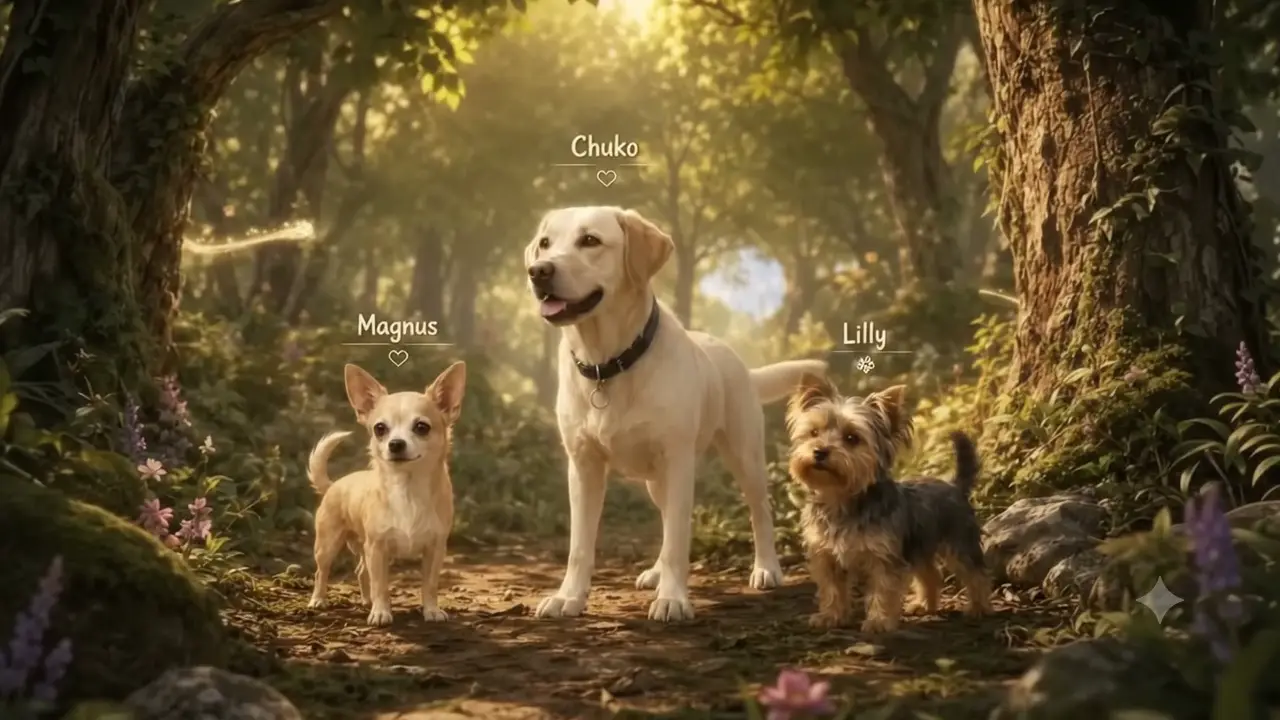 Concept Visual: Chuko, Magnus und Lilly gemeinsam im Wald
